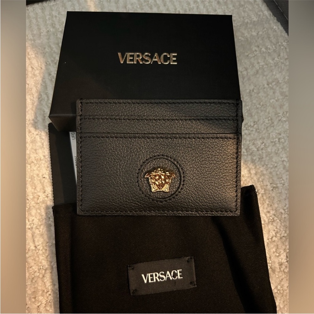 Versace Black Leather Card Holder with Gold Medusa Accent